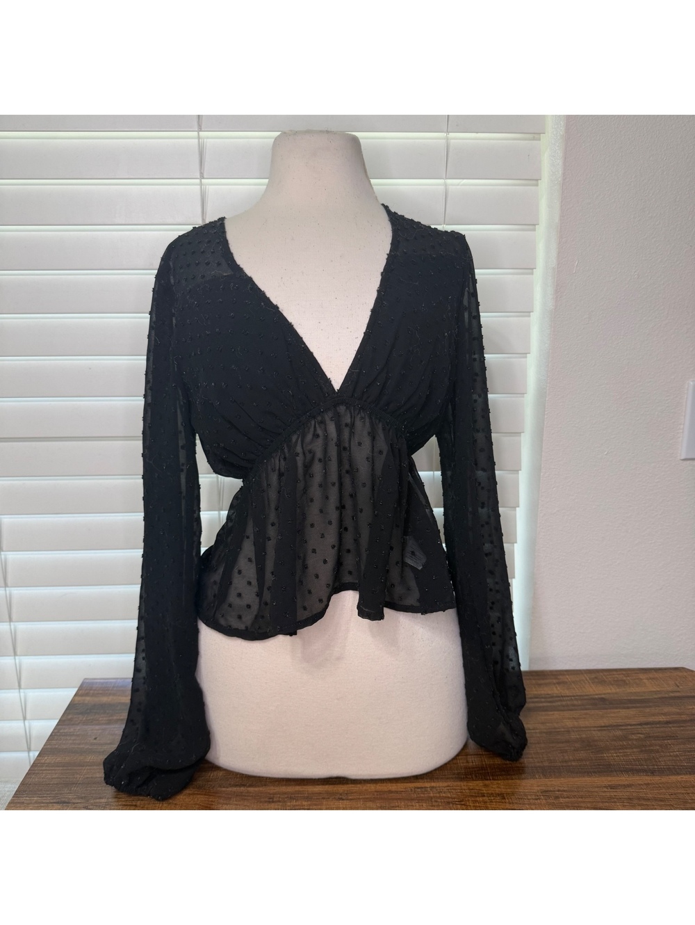 Lulus Black Sheer Swiss Dot Long Sleeve Peplum Top XS